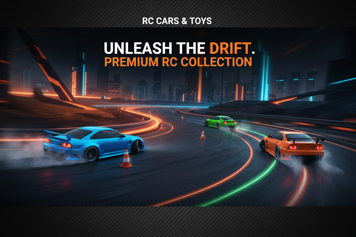 RC drift cars collection banner - 4WD remote control cars with cones and remote