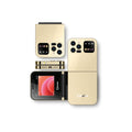 Snexian Rock Z flip phone in gold showing front, back, and side views