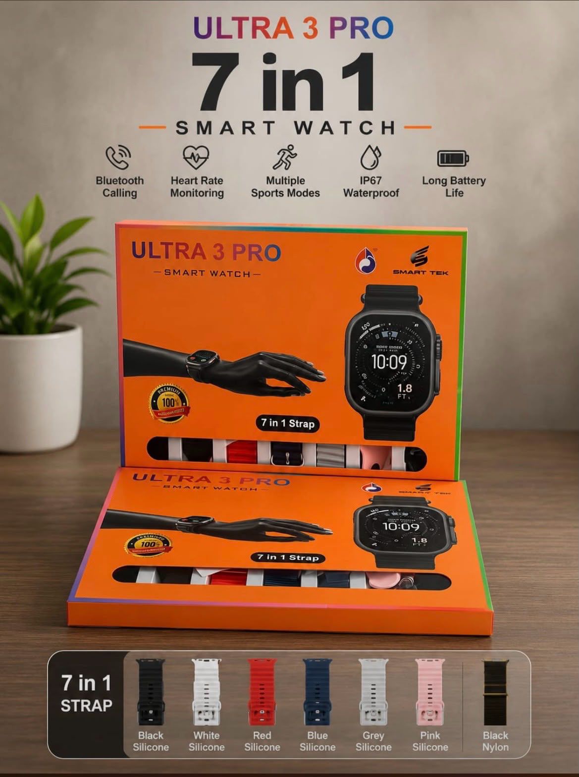 Ultra 3 Pro 7-in-1 Smart Watch - Bluetooth Calling + Heart Rate + IP67 Waterproof