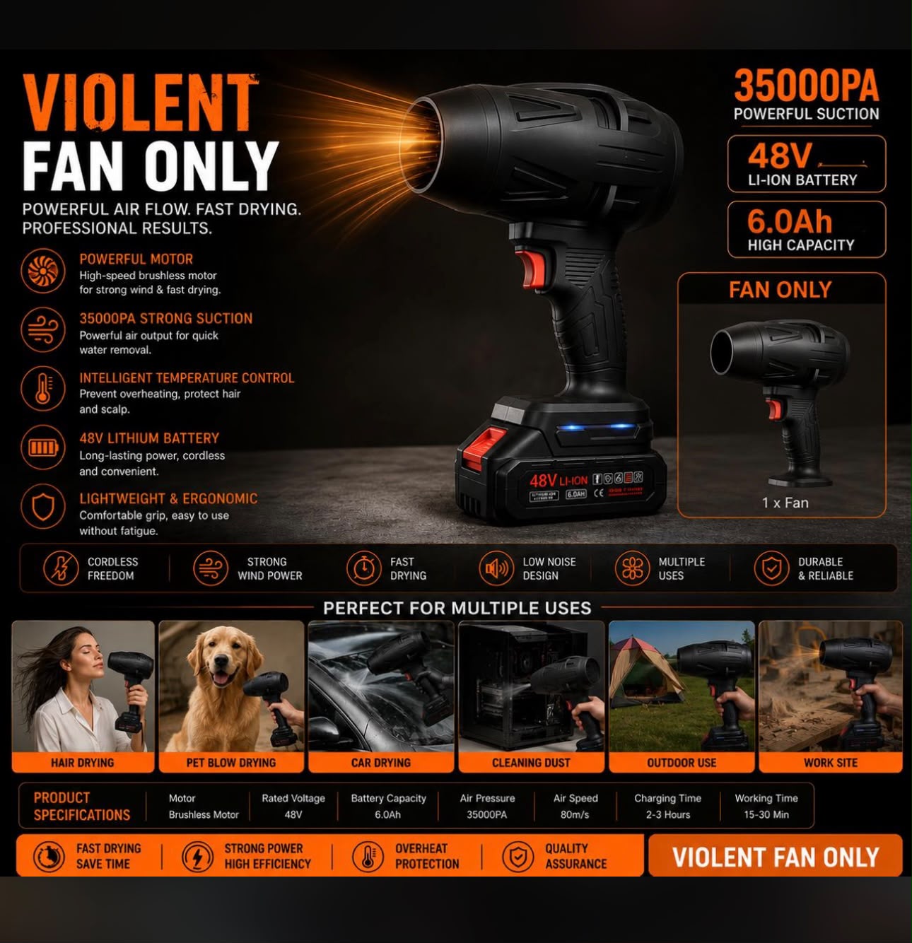 Violent Fan Only 35000PA 48V cordless blower with specifications