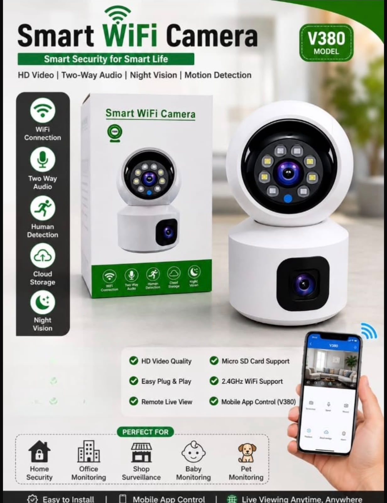 V380 dual-lens indoor smart WiFi camera with human detection