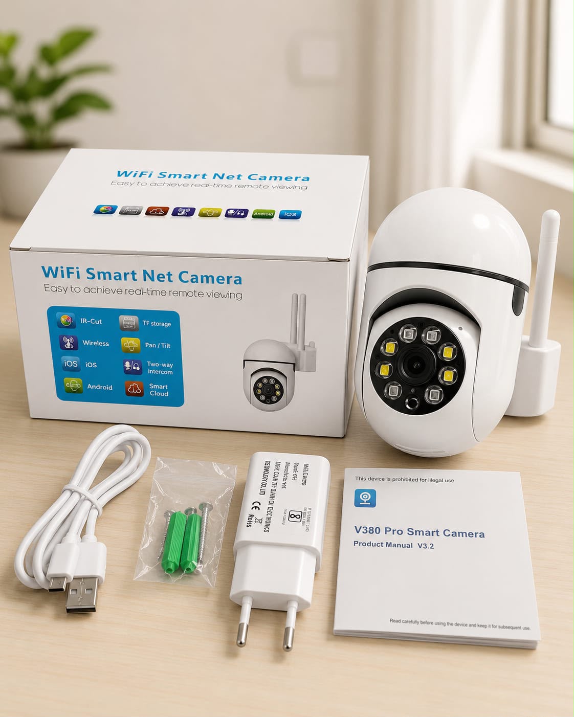 V380 Pro Dual-Lens Outdoor Smart Camera with accessories
