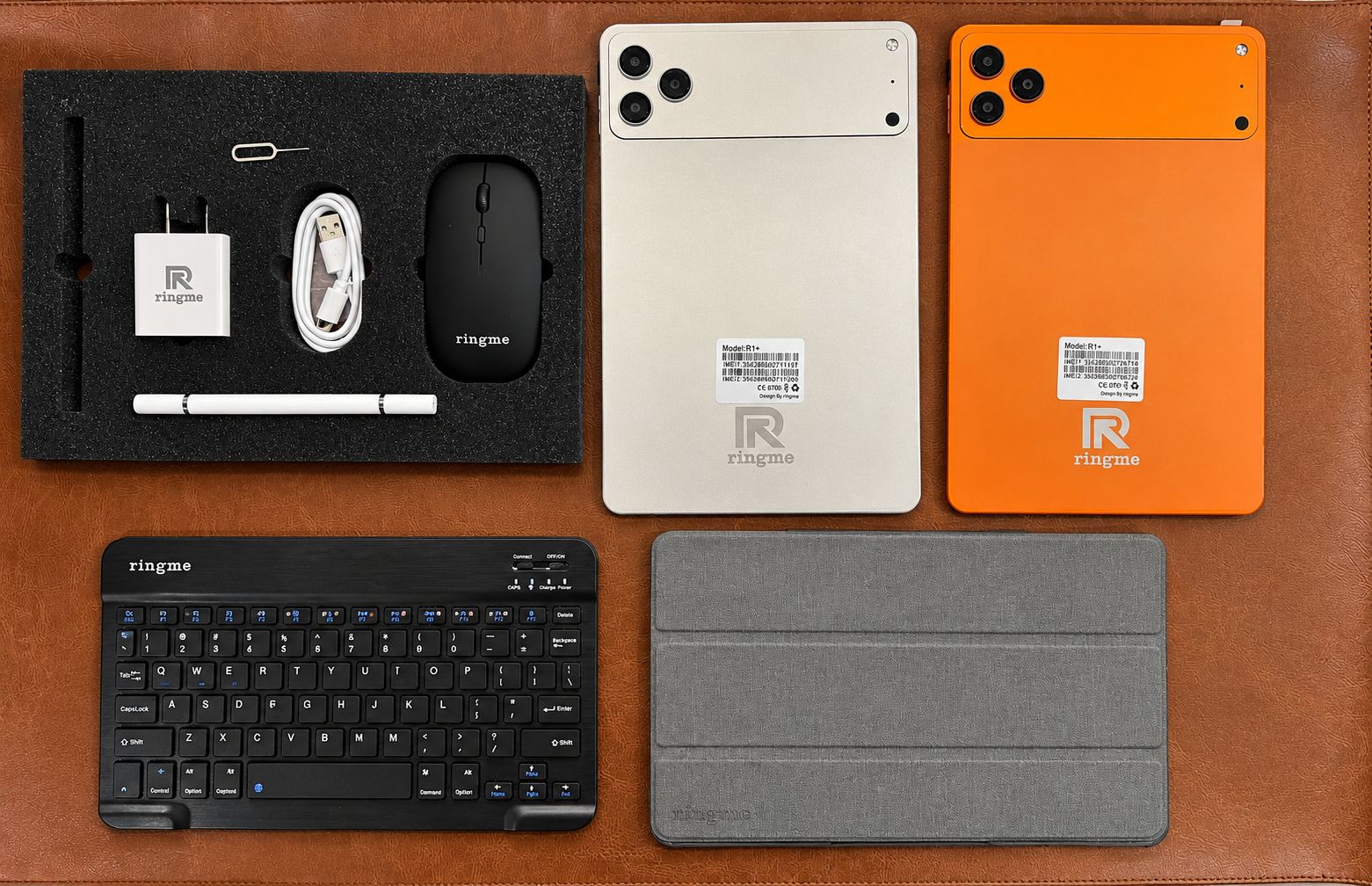 Ringme Prime 100 Pro Tablet with keyboard, mouse, stylus, cover in white and orange colors