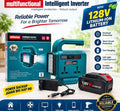 Portable teal inverter with LED light, power sockets, battery and charging adapter