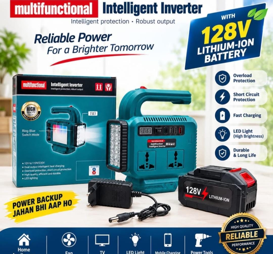 Portable teal inverter with LED light, power sockets, battery and charging adapter