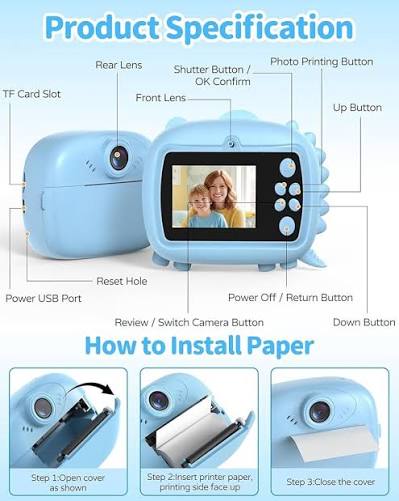 Kids Instant Print Camera Blue Unicorn with accessories - paper rolls, markers, USB cable