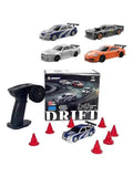 1:43 scale 4WD drift RC car set with 4 car designs remote controller and 8 traffic cones