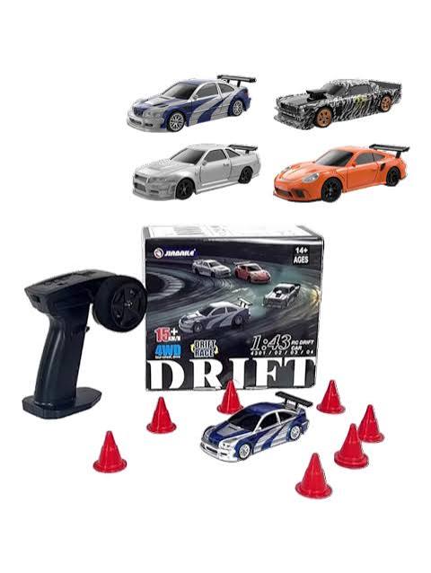 1:43 scale 4WD drift RC car set with 4 car designs remote controller and 8 traffic cones