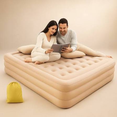 Couple relaxing on a beige inflatable air mattress