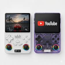J36 Ultra handheld game console in black and transparent purple
