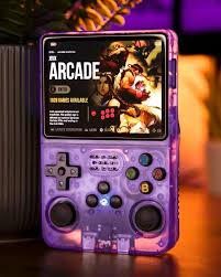 R36S transparent purple handheld game console with box