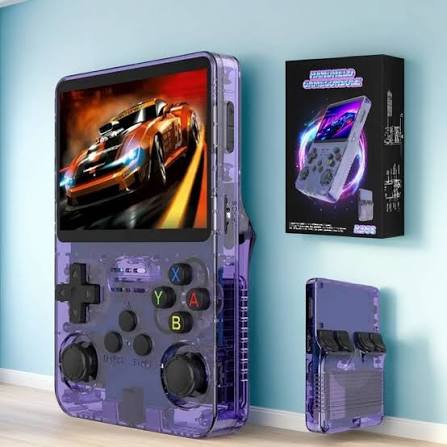 R36S orange handheld game console with ArkOS 2024