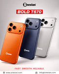 Snexian Bold T670 smartphones in Orange, Midnight Blue, and Silver