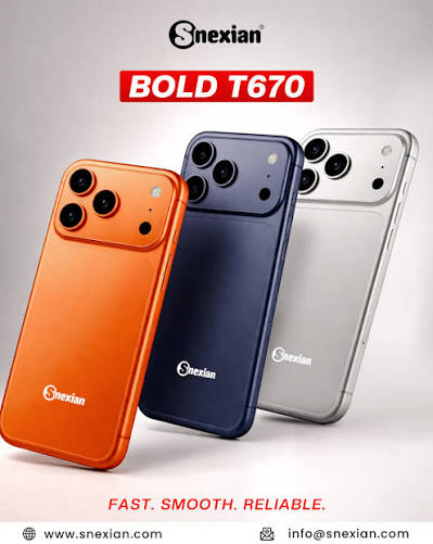 Snexian Bold T670 smartphones in Orange, Midnight Blue, and Silver
